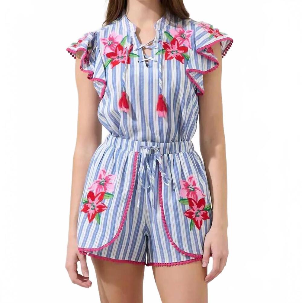 NEW SUGARLIPS grisa striped tassel trim top in blue/white stripe